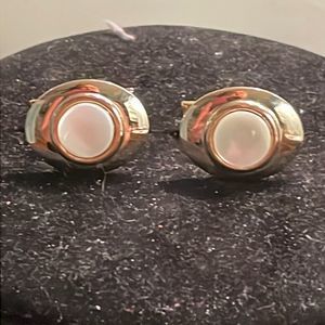 Vintage MCM 1950s oval gold tone & round Mother-of-Pearl whale back cuff links